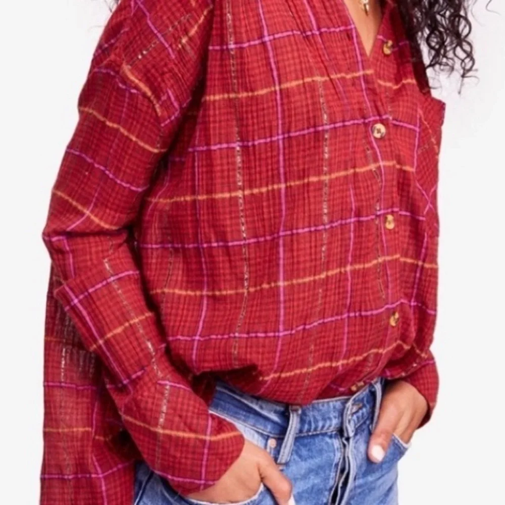 Free People Red Cherry Plaid Break My Stride Metallic Tunic Button-Up Shirt - XS